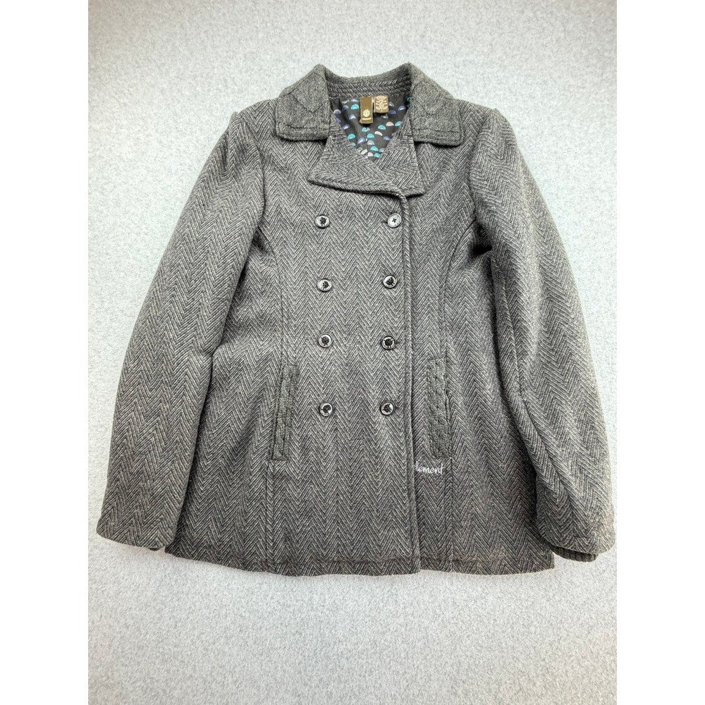 Element Wood & Thread Grey Herringbone Wool Blend Pea Coat Cable Knit Trim L